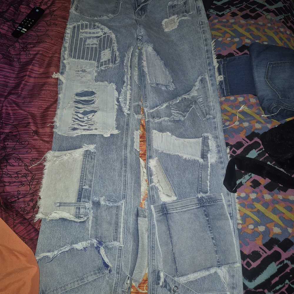 AKIRA Light Blue Distressed Patchwork Straight Le… - image 4